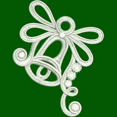 An embroidery design of a delicate bell adorned with a bow and decorative swirls, featuring intricate detailing.