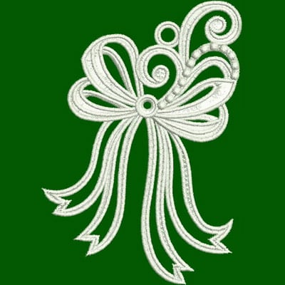 An embroidery design of an elegant bow with swirling ribbons and intricate detailing.