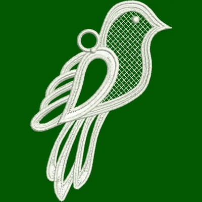 An embroidery design of a stylized bird featuring a delicate mesh pattern and elegant curved lines.