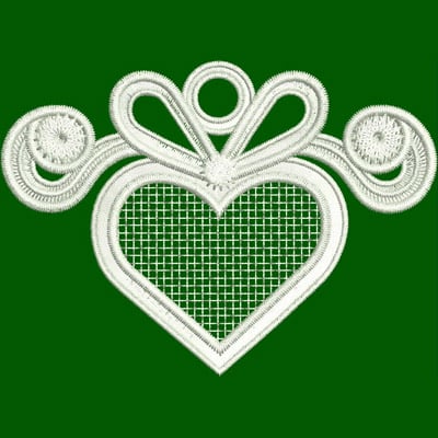 An embroidery design of an intricate heart shape with decorative swirls and a central bow, featuring a mesh pattern in the heart's center.