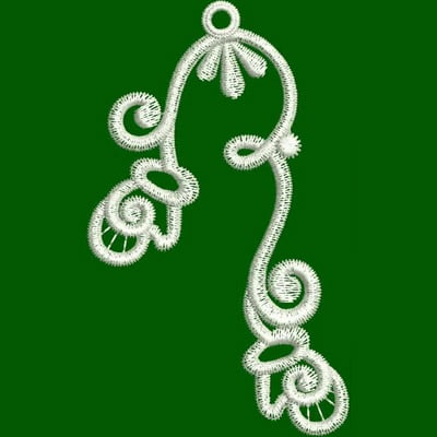An embroidery design of intricate swirls and loops, elegantly styled with a delicate floral accent at the top.