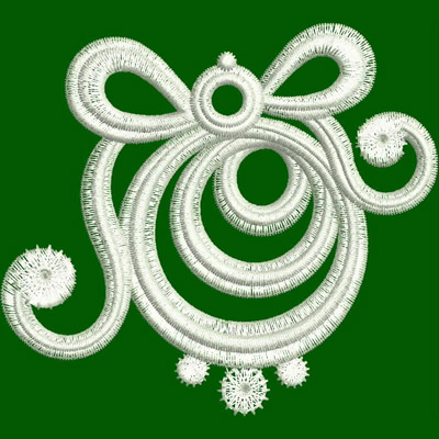 An embroidery design of intricate loops and swirls featuring a decorative bow at the top and floral accents at the bottom.