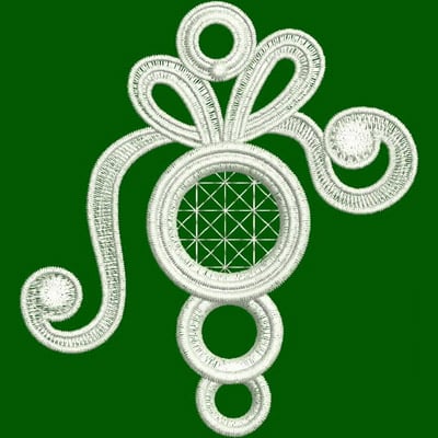 An embroidery design of a swirling, decorative motif featuring loops and circles in white thread.