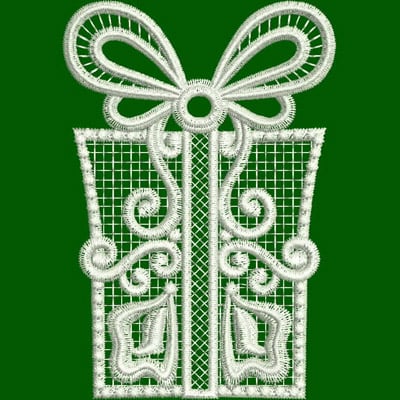 An embroidery design of an ornate gift box adorned with a decorative bow and intricate swirls.