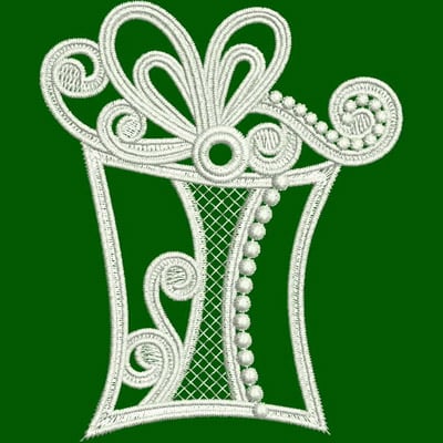 An embroidery design of a decorative gift box adorned with whimsical swirls and a bow.