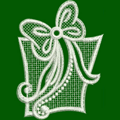An embroidery design of an intricate lace bow embellished with flowing ribbons and decorative elements.