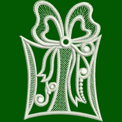 An embroidery design of a decorative gift box adorned with an elegant bow and intricate swirls.
