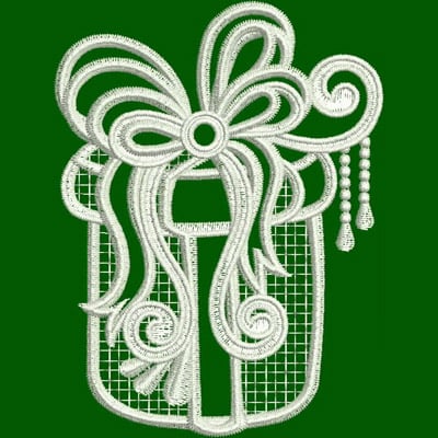 An embroidery design of a decorative gift box adorned with an elaborate bow and intricate details.