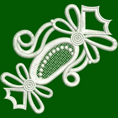 An embroidery design of an ornate candy or decorative piece featuring intricate bows and a mesh center.