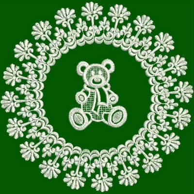 An embroidery design of a charming teddy bear surrounded by a delicate floral lace border.