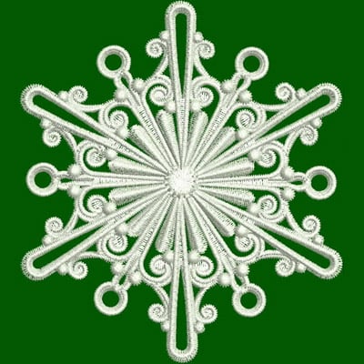 An embroidery design of an intricate, six-pointed snowflake featuring detailed spirals and loops.