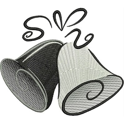 An embroidery design of two intertwined bells, one black and one white, topped with playful swirling accents.