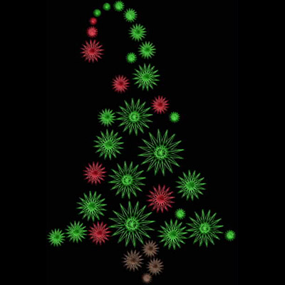 An embroidery design of a Christmas tree composed of vibrant green and red star-like shapes arranged in a festive pattern.