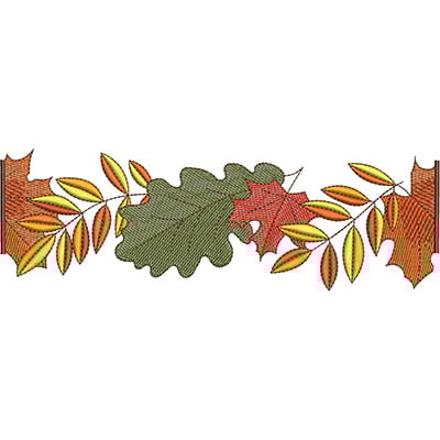 An embroidery design of vibrant autumn leaves in shades of green, orange, and yellow, arranged elegantly in a symmetrical layout.