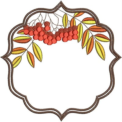 An embroidery design of a decorative frame featuring vibrant red berries and autumn-colored leaves.
