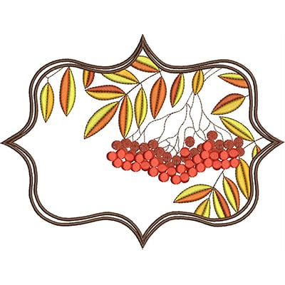An embroidery design of vibrant clusters of red berries surrounded by golden and green leaves, framed elegantly.