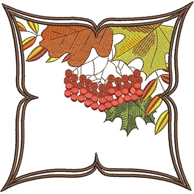 An embroidery design of colorful autumn leaves and clusters of berries arranged in an ornate frame shape.