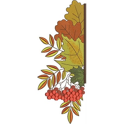 An embroidery design of colorful autumn leaves and clusters of red berries arranged in a vertical composition.