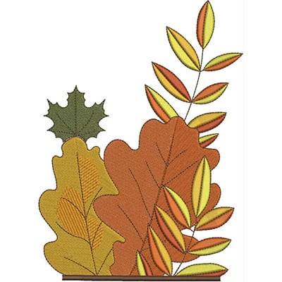 An embroidery design of an arrangement of colorful autumn leaves featuring shades of green, yellow, orange, and brown.