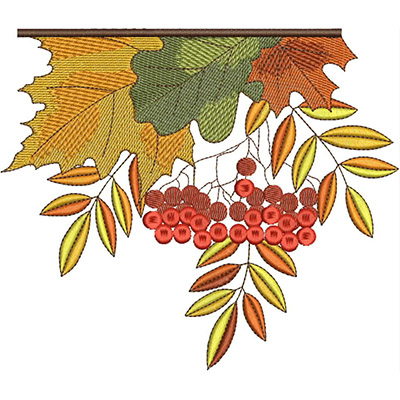 An embroidery design of vibrant autumn leaves and clusters of bright red berries, capturing the essence of fall foliage.