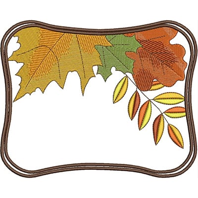An embroidery design of colorful autumn leaves arranged in a decorative frame.