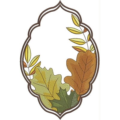 An embroidery design of a decorative frame featuring a variety of colorful autumn leaves in shades of green, yellow, and brown.