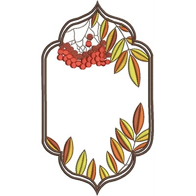 An embroidery design of an ornate frame featuring clusters of red berries and multicolored leaves.