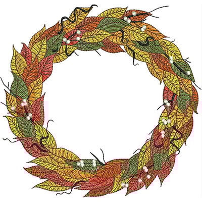 An embroidery design of a circular wreath made of vibrant autumn leaves in shades of red, orange, yellow, and green.