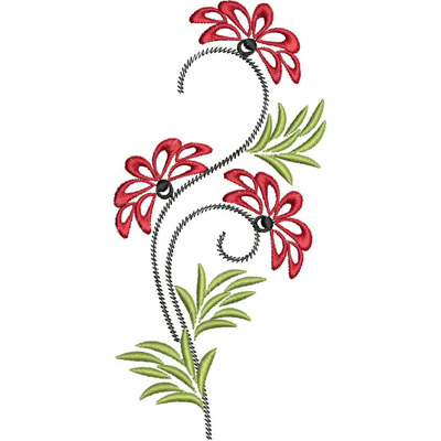 An embroidery design of red flowers with black centers and green leaves arranged in a graceful swirling pattern.