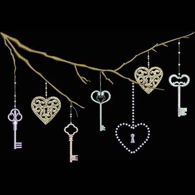 An embroidery design of a whimsical arrangement of keys and heart-shaped ornaments hanging from delicate branches.