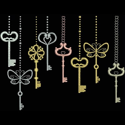 An embroidery design of a collection of decorative keys in various shapes and colors, including heart, butterfly, and floral motifs.