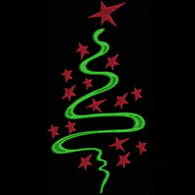 An embroidery design of a stylized green Christmas tree adorned with red stars.