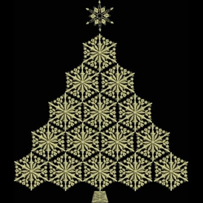 An embroidery design of a decorative Christmas tree made of intricate snowflake patterns, topped with a star.