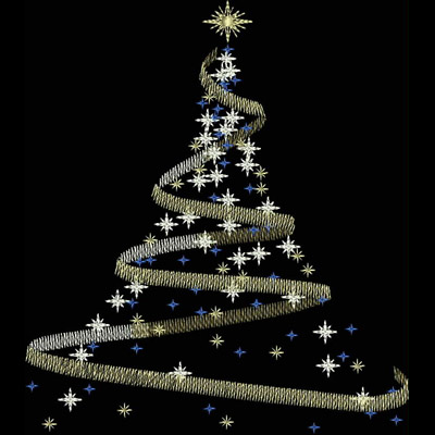 An embroidery design of a spiraled Christmas tree adorned with sparkling stars and snowflakes, showcasing a festive and whimsical aesthetic.