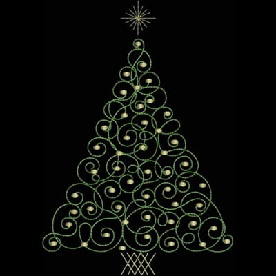 An embroidery design of a stylized Christmas tree adorned with swirling green lines and golden accents, topped with a star.