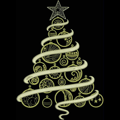 An embroidery design of a whimsical Christmas tree adorned with decorative ornaments and topped with a star.