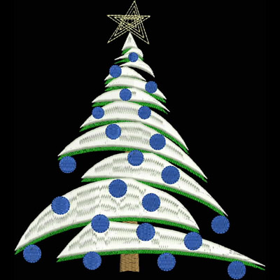 An embroidery design of a Christmas tree featuring white branches, green trim, blue polka dots, and a golden star on top.