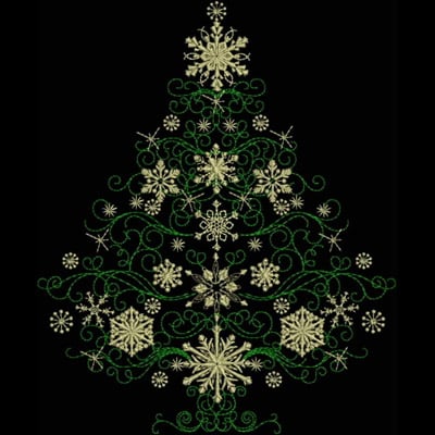 An embroidery design of an ornate Christmas tree made up of intricate snowflakes and swirling green vines.