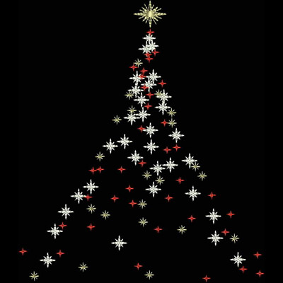 An embroidery design of a stylized Christmas tree made up of white and yellow star shapes, accented with red star elements.