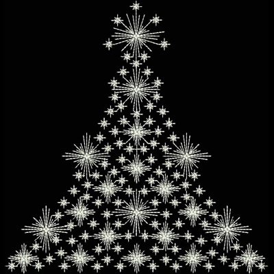 An embroidery design of a festive Christmas tree formed by various sizes of star shapes.