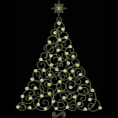 An embroidery design of a whimsical Christmas tree made of swirling lines and adorned with circular ornaments and a star on top.