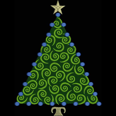 An embroidery design of a whimsical green Christmas tree adorned with blue ornaments and a golden star on top.