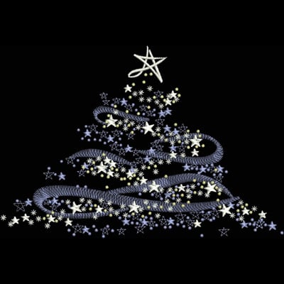 An embroidery design of a whimsical Christmas tree made of swirling lines and adorned with stars, topped with a decorative star.