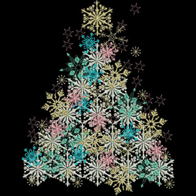 An embroidery design of a stylized Christmas tree made up of various colorful snowflakes in shades of blue, pink, and cream.