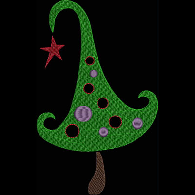An embroidery design of a whimsical green Christmas tree with colorful round ornaments and a red star on top.