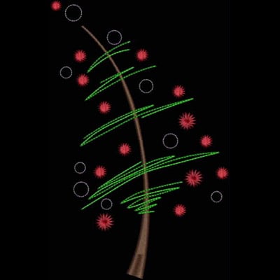 An embroidery design of a stylized, abstract tree featuring green swirls and decorative red and white elements.