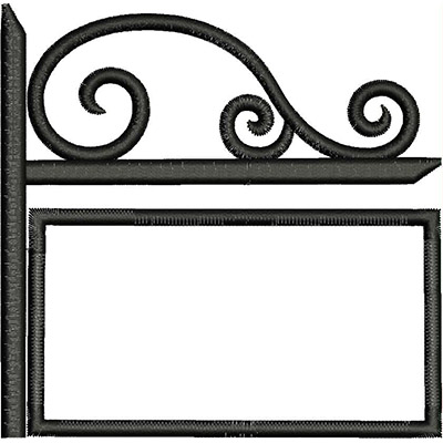 An embroidery design of a decorative sign frame featuring a swirled top and a rectangular space for customization.