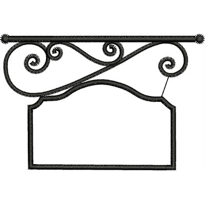 An embroidery design of an ornate, scroll-patterned frame with a blank central space for custom text or images.