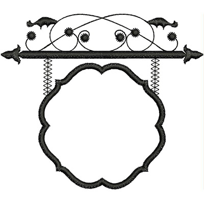 An embroidery design of an ornate frame featuring intricate scrollwork and decorative elements at the top, outlined in black.