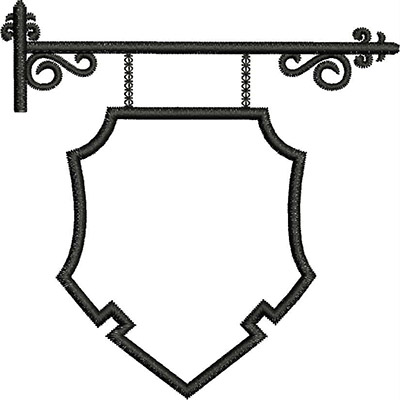 An embroidery design of an ornate hanging sign with a decorative frame and a shield-shaped base.